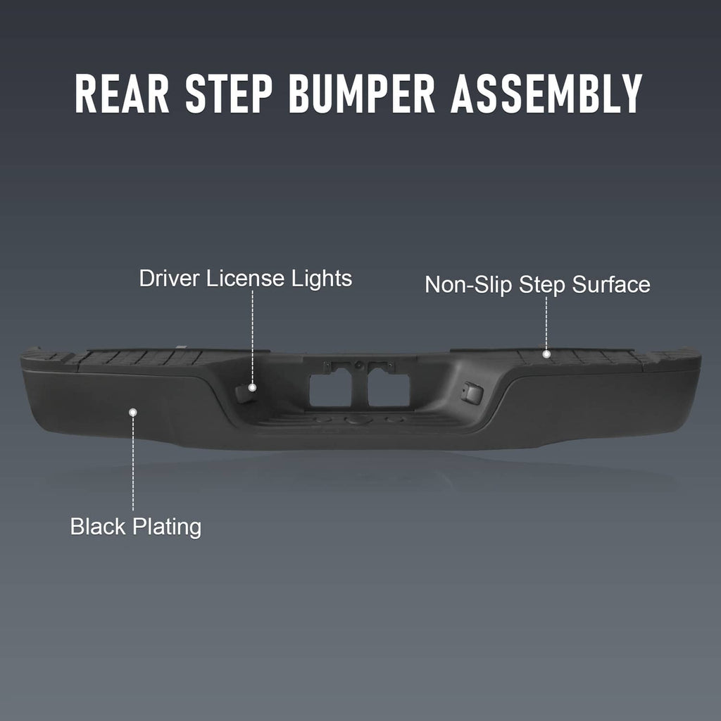 Black rear step bumper with textured non-slip step and center cutout openings