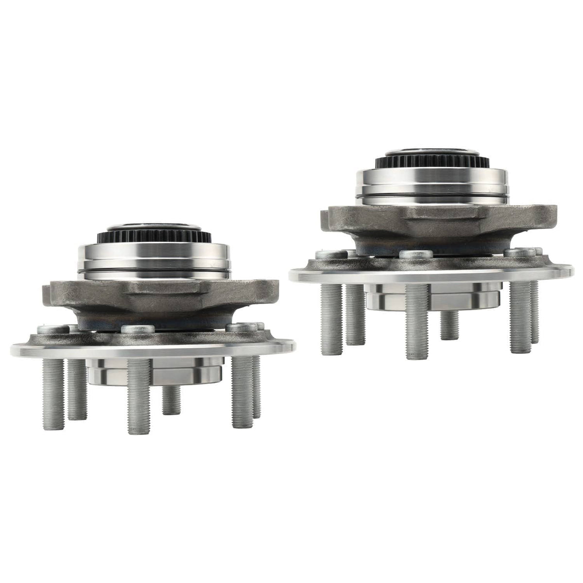Wheel hub assembly pair with flanged housings and front mounting studs