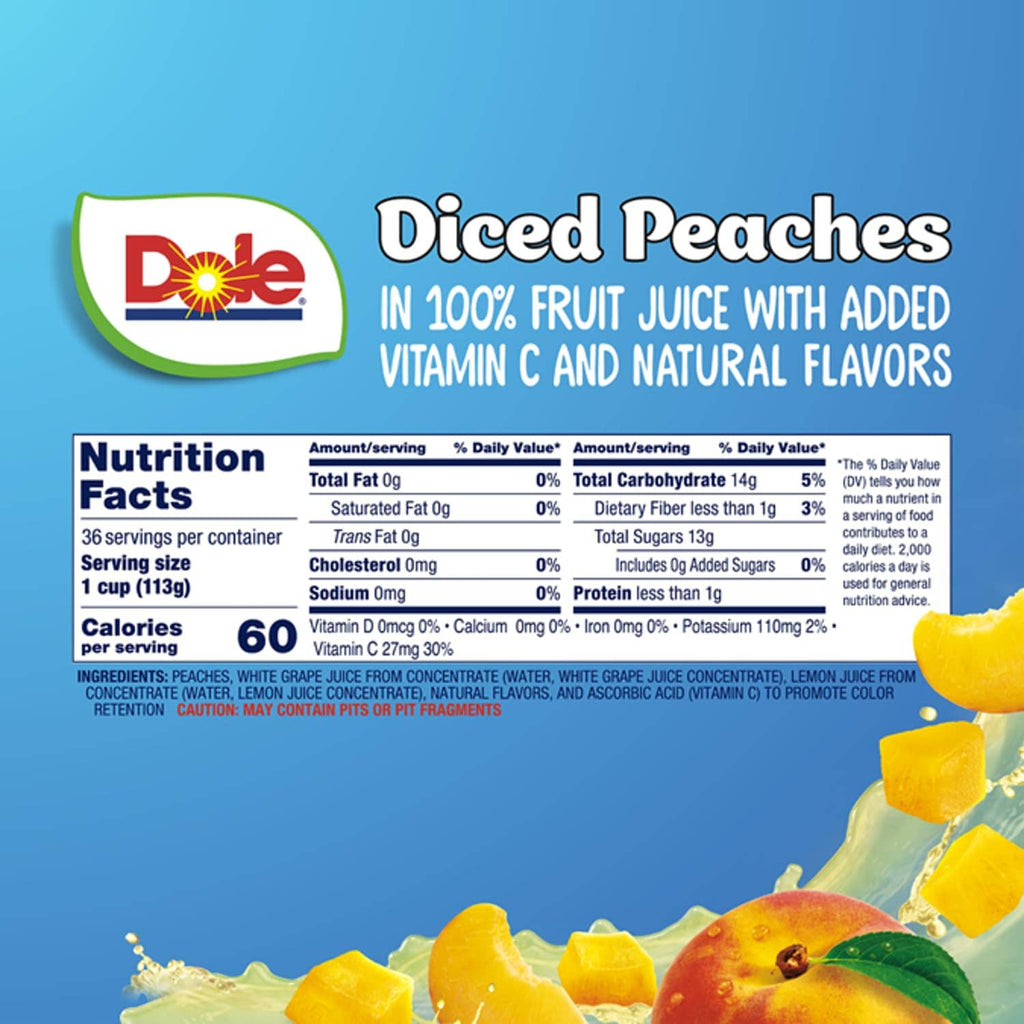 Dole diced peaches panel: 100% fruit juice, added vitamin C, natural flavors nutrition facts