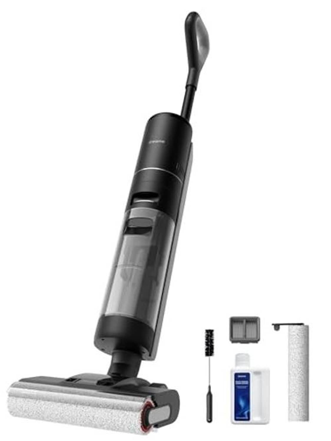 Upright vacuum mop with slim wand and roller floor head, black and clear tank