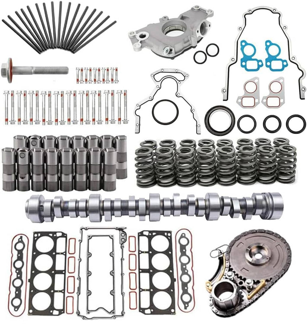 Cam lifter kit with camshaft, lifters, gaskets, seals, springs, bolts, and chain gears