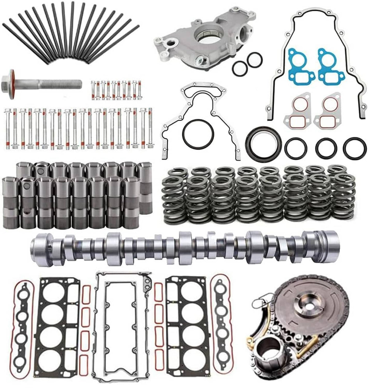 Cam lifter kit with camshaft, lifters, gaskets, seals, springs, bolts, and chain gears