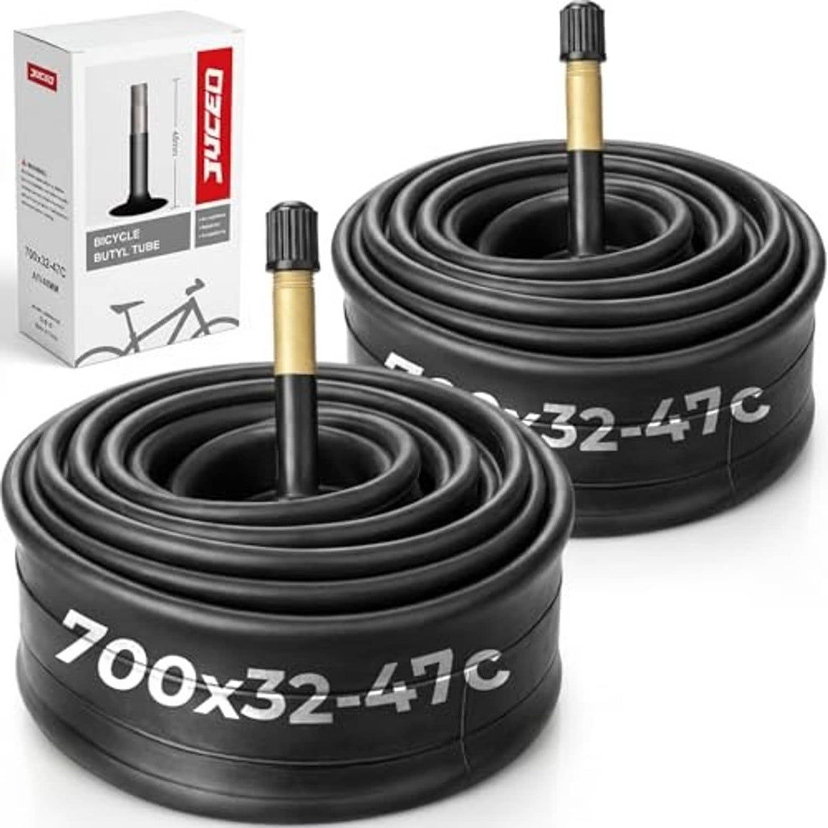 Black 700x32–47C bike inner tube set with Schrader valves and box, two tubes