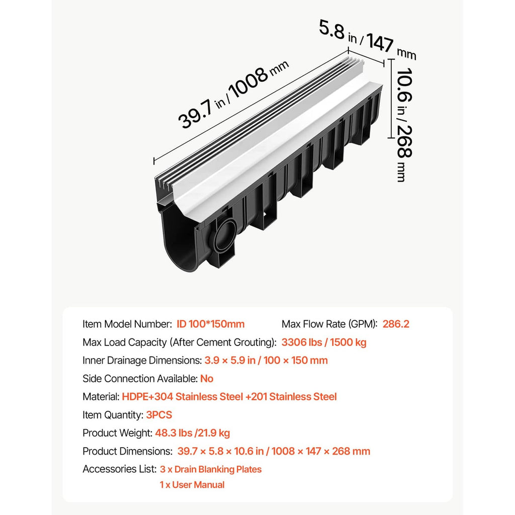 Single linear trench drain channel with steel grate, shown with size callouts