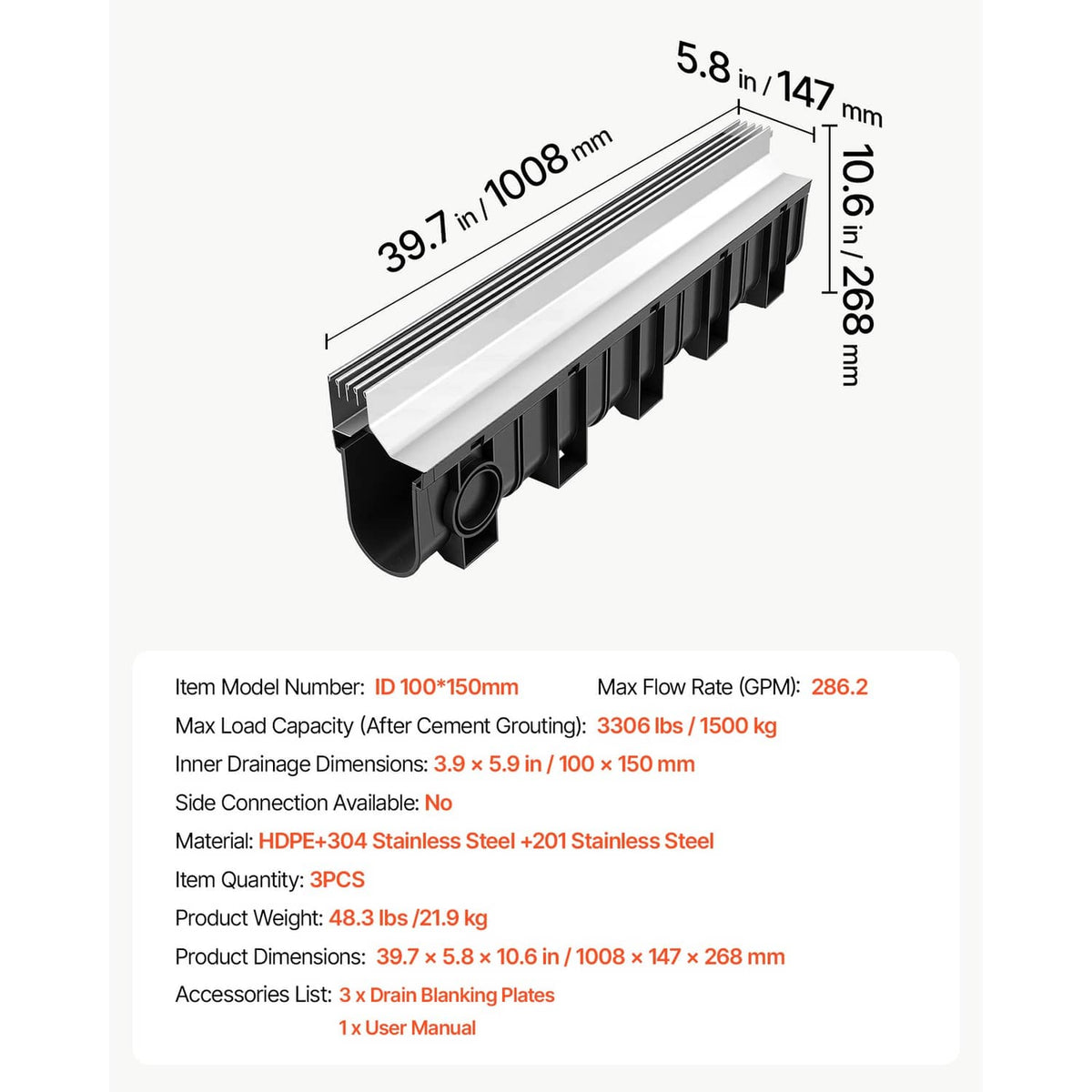 Single linear trench drain channel with steel grate, shown with size callouts