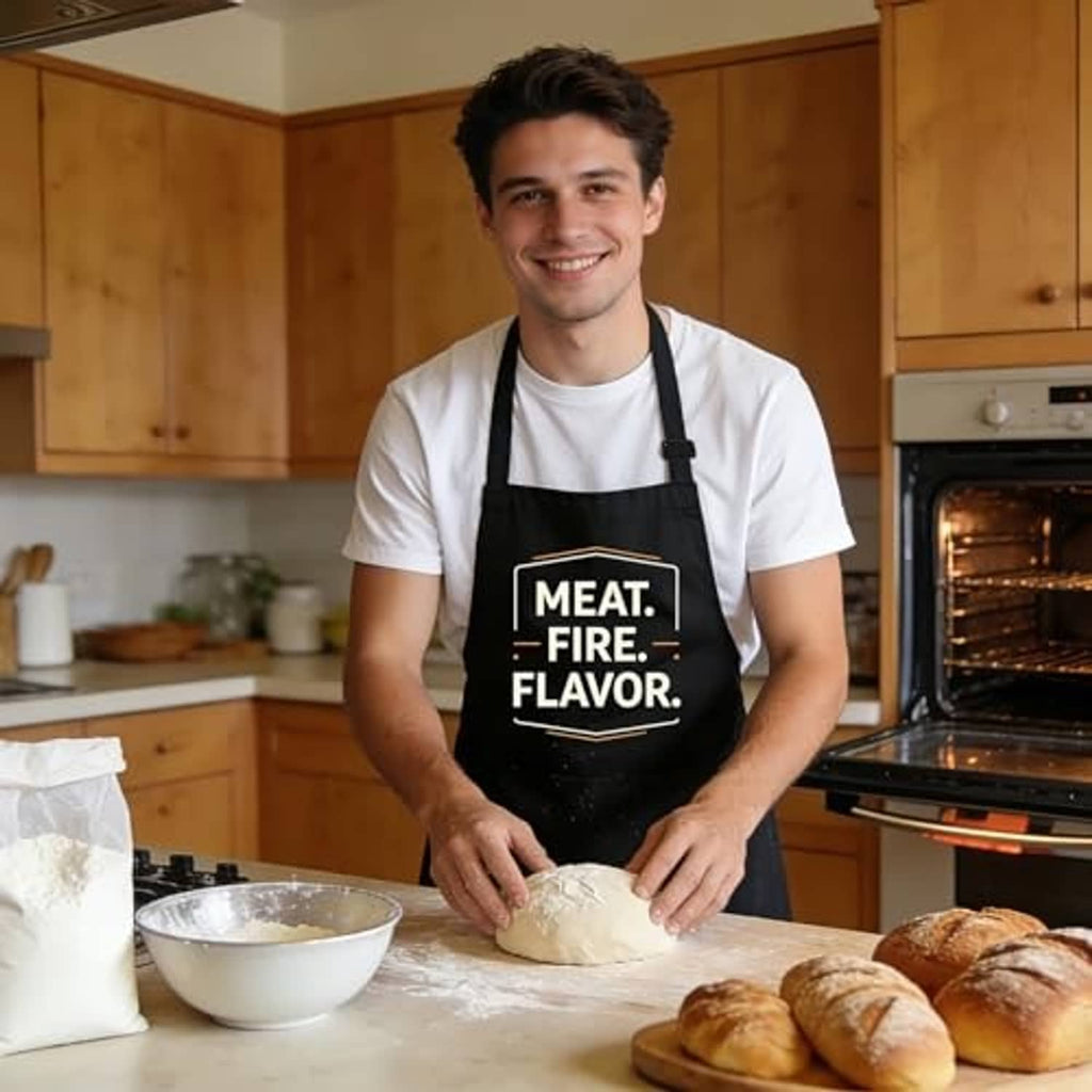Black cooking apron with “MEAT. FIRE. FLAVOR.” print and adjustable neck strap.