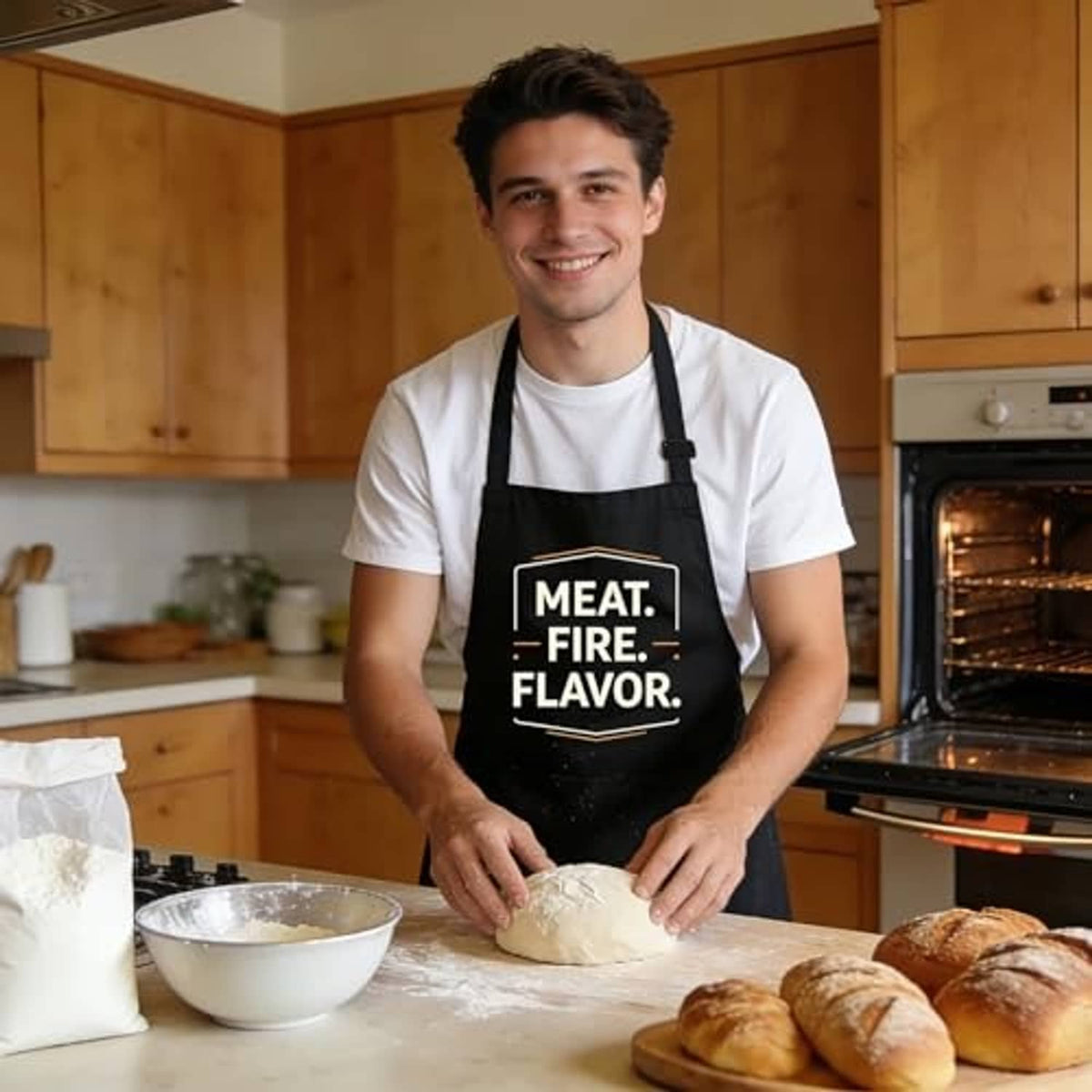 Black cooking apron with “MEAT. FIRE. FLAVOR.” print and adjustable neck strap.