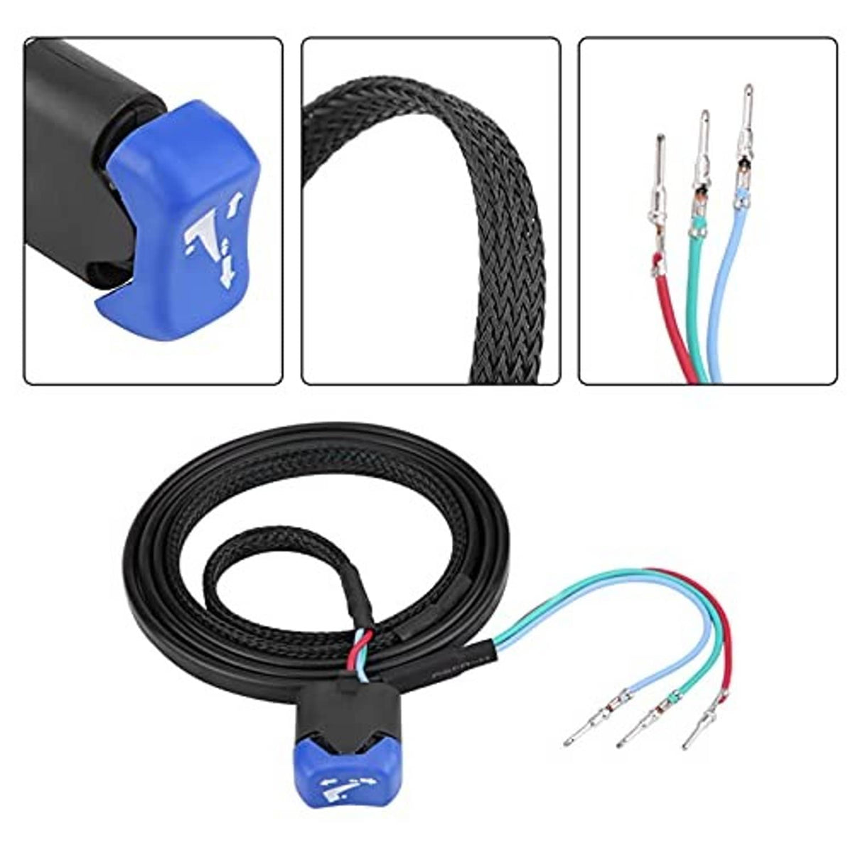 Power trim tilt switch wire harness kit with black mesh cable and blue switch, detailed parts