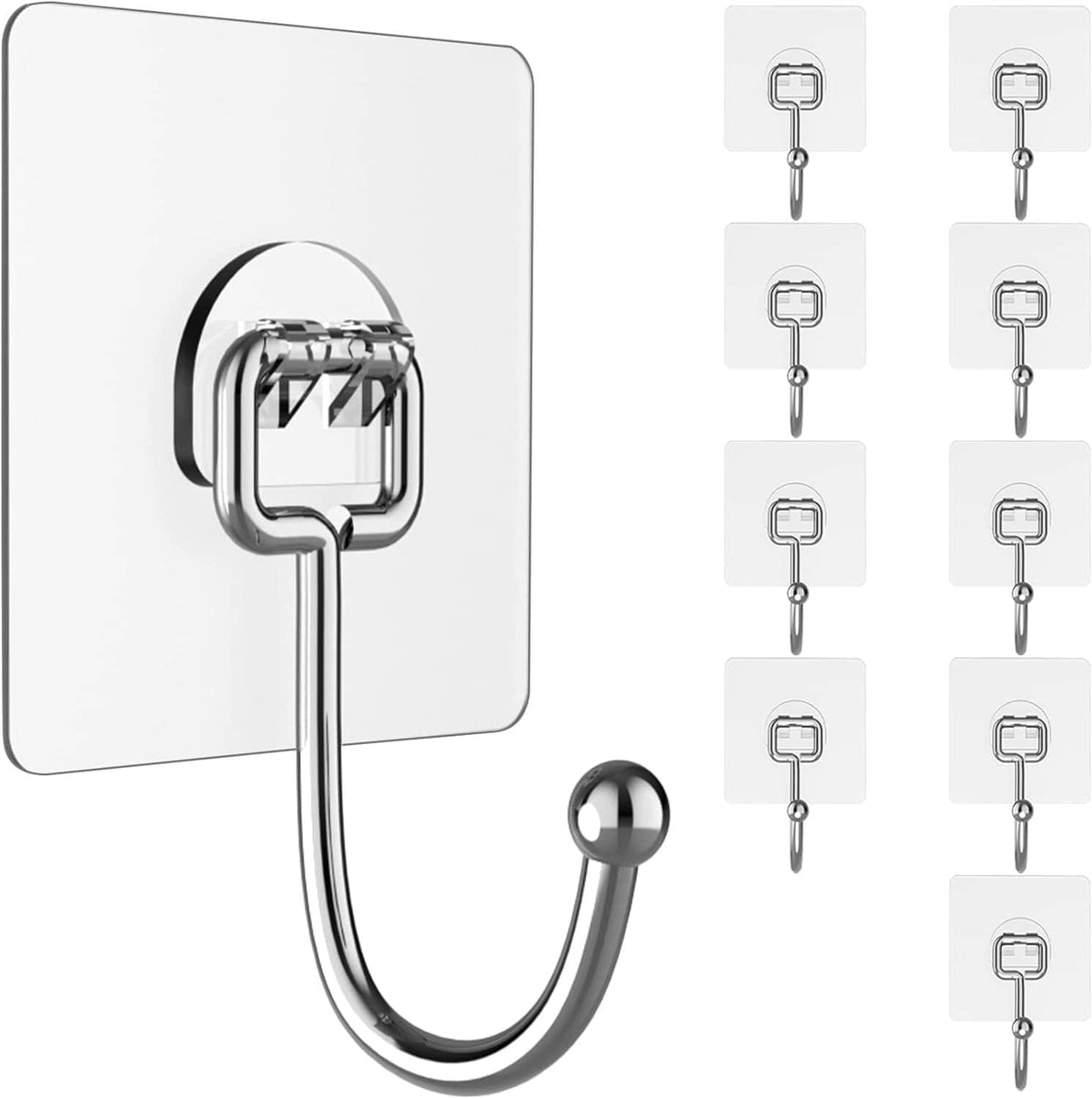 Chrome S-shaped wall hook with curved arm and square mounting plate, nail-free design