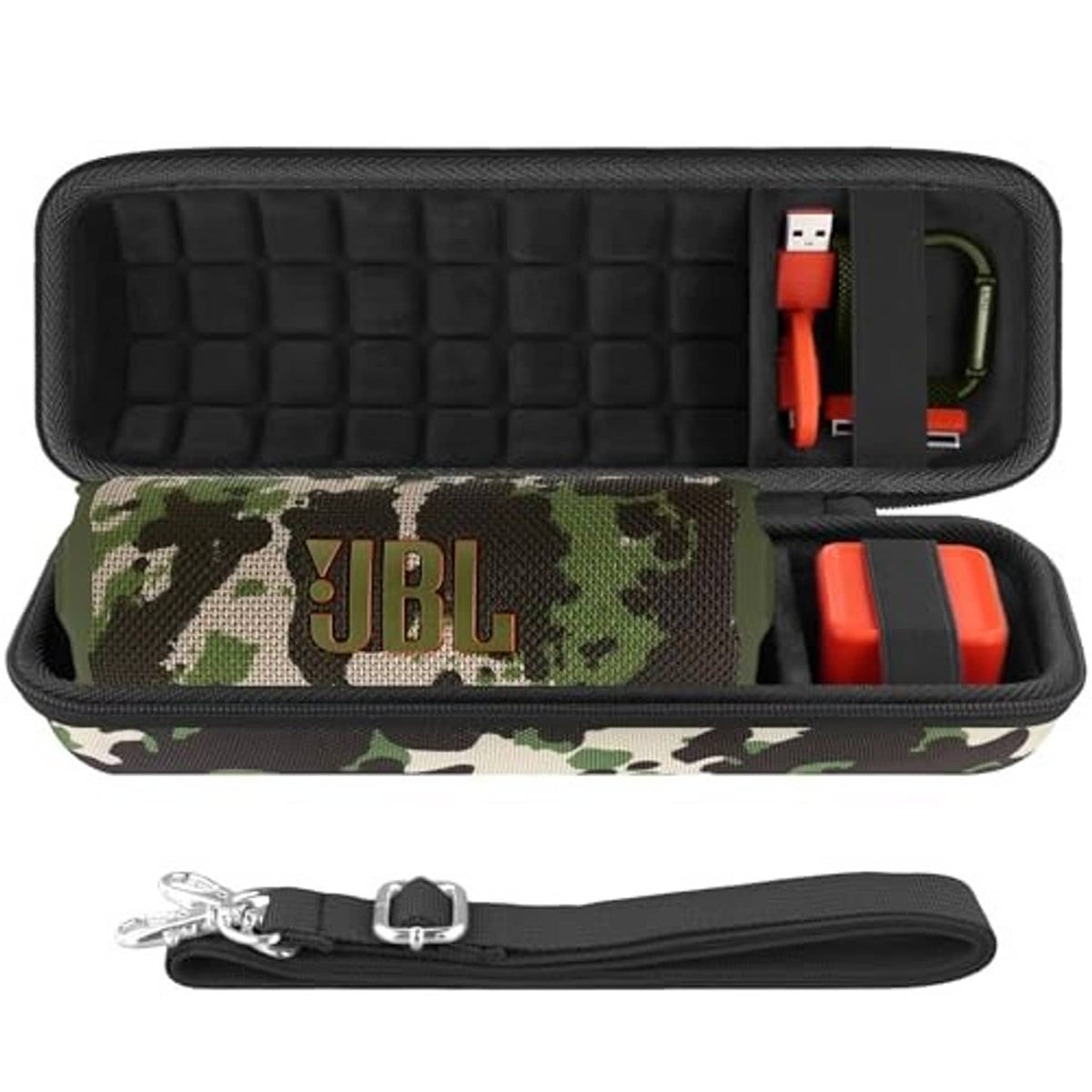 Camouflage hard speaker case with black textured shell, front zipper pocket and carry strap