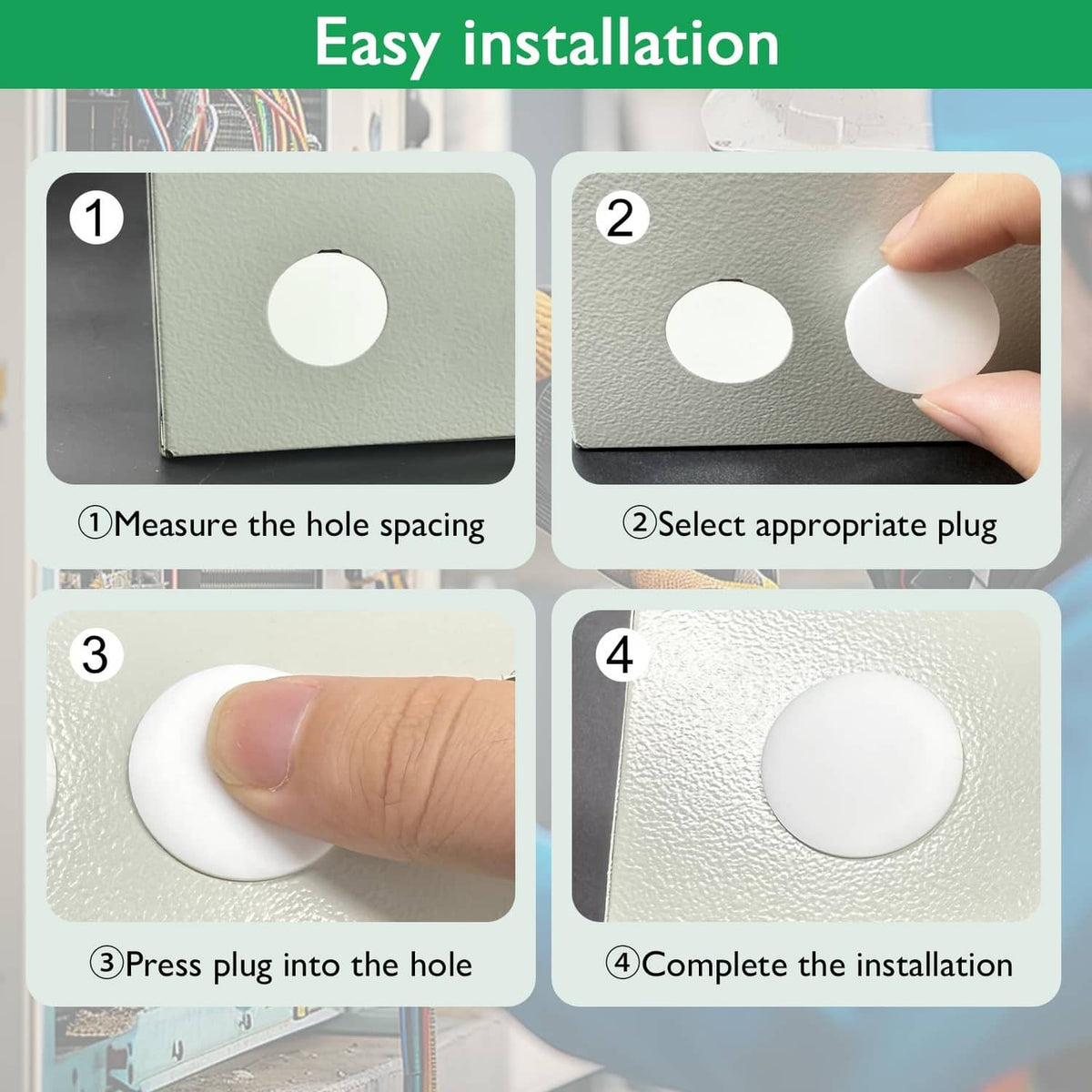 White rubber hole plug installation sequence on a panel surface