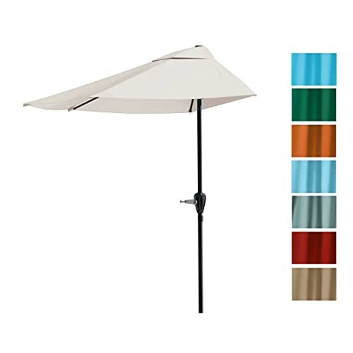 Tan half-round patio umbrella with black pole and open canopy