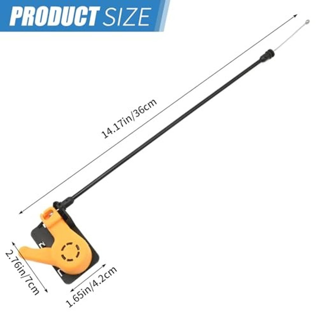 Engine hood release cable with orange handle mount and long black cable, metal tips