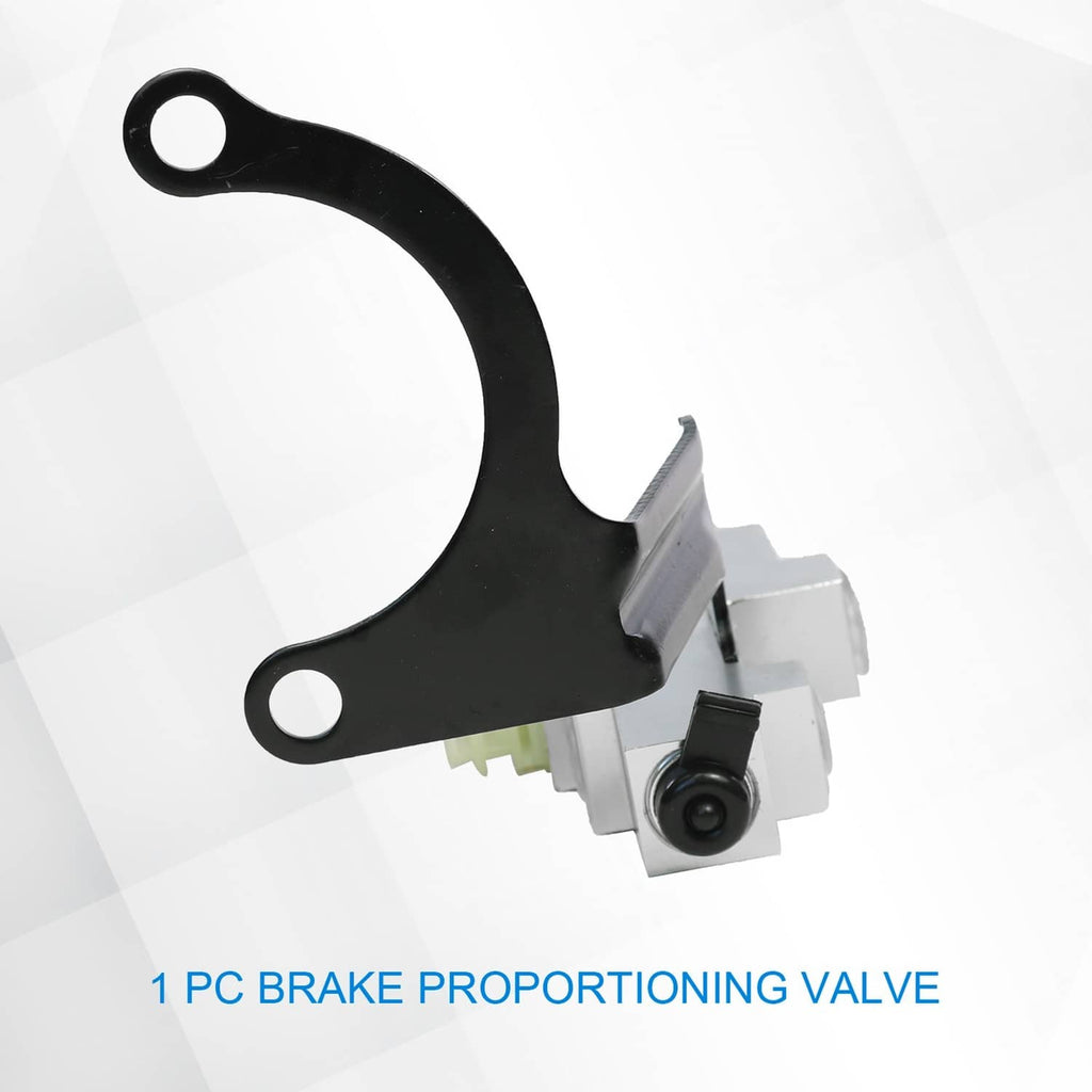 Brake proportioning valve with black U-shaped bracket and silver mount, green connector