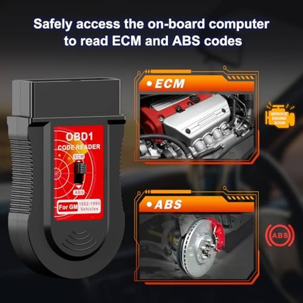 OBD1 code reader scanner showing ECM and ABS panels with red label on black housing