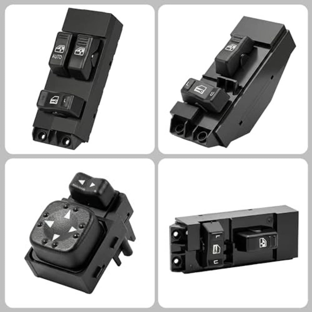 Black power window switch with auto window and lock/mirror buttons, multiple views