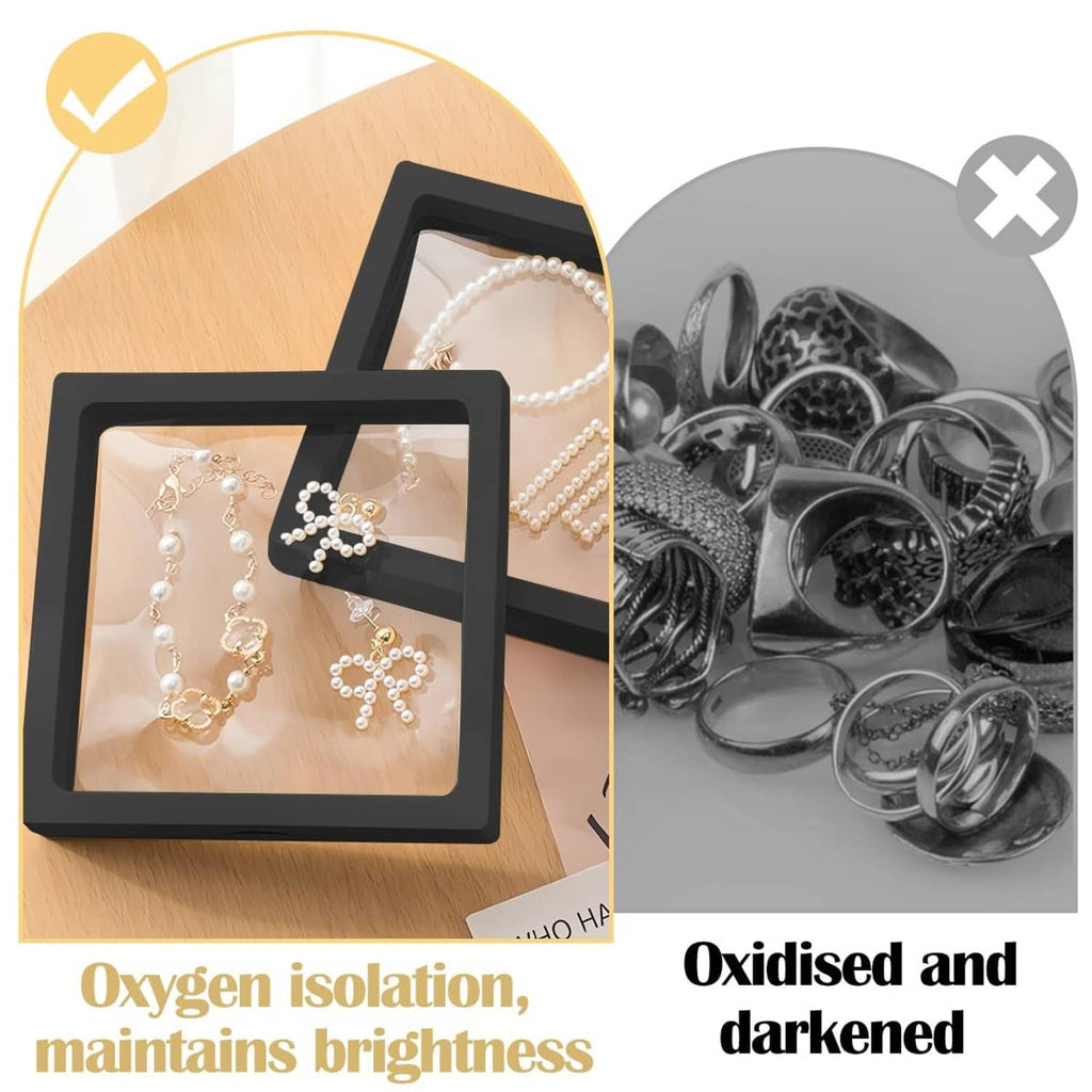 Black display case protecting jewelry and keeping items bright in clear window