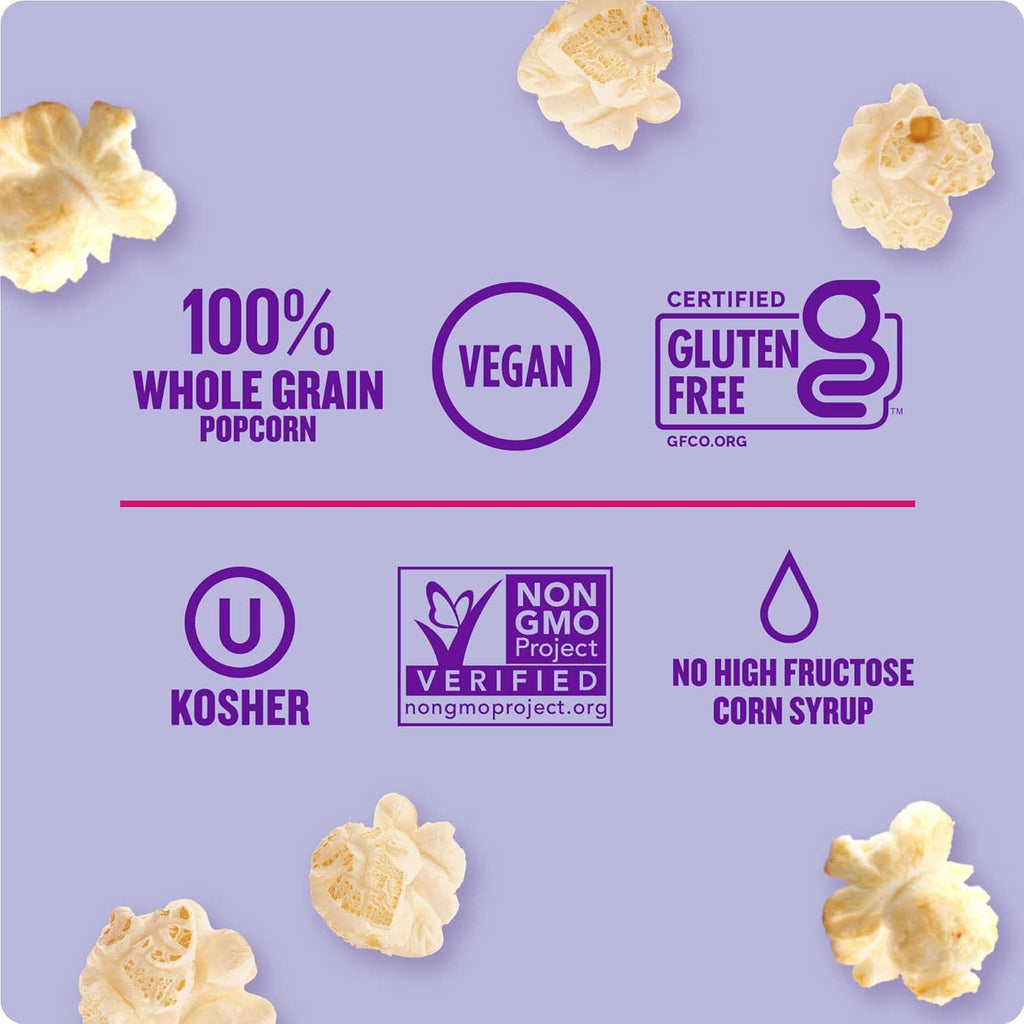 Gluten-free vegan popcorn with kosher and non-GMO Verified icons, non high fructose