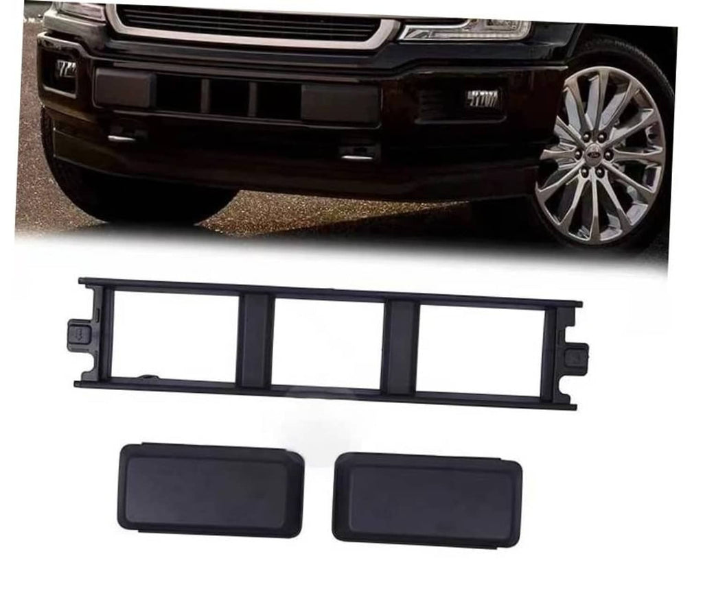 Front bumper lower grille trim panel kit with black plastic frame and two inserts