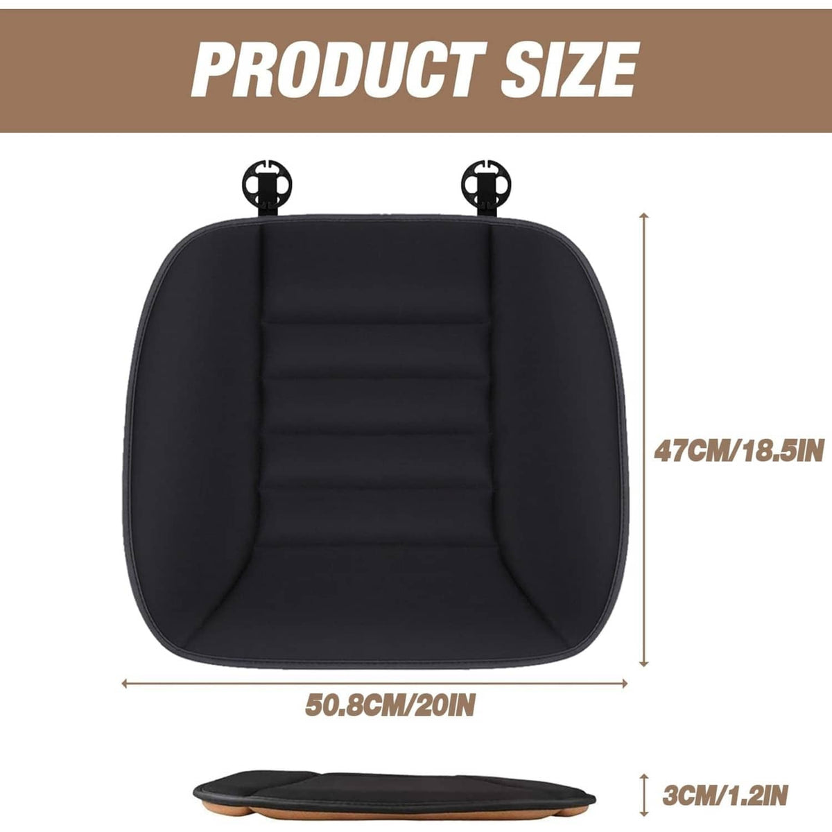 Black seat cushion size diagram with 20 in x 18.5 in footprint and 3 cm thickness