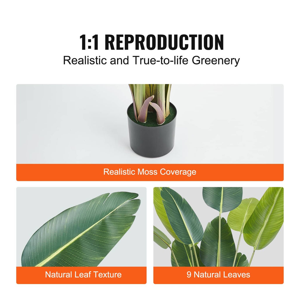 Artificial bird of paradise palm with realistic leaf texture and moss-covered pot