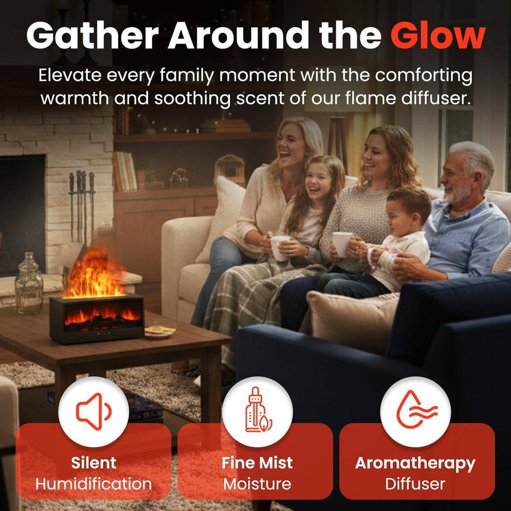 Fireplace flame diffuser humidifier on coffee table with glowing flames and fine mist