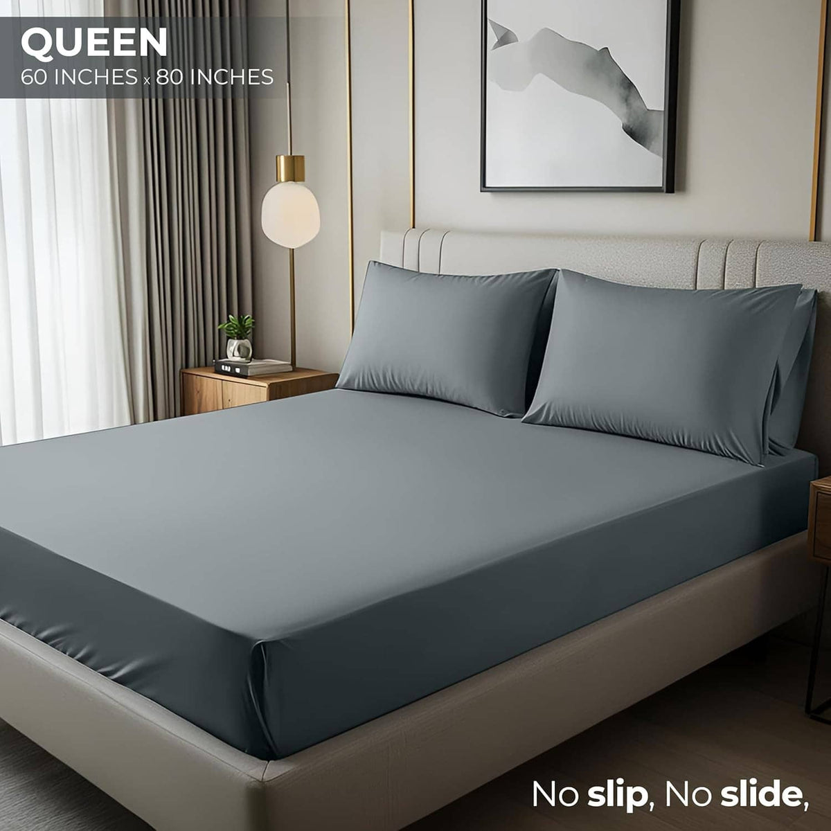 Dark gray queen fitted sheet with deep pocket, smooth wrap-on fit on mattress