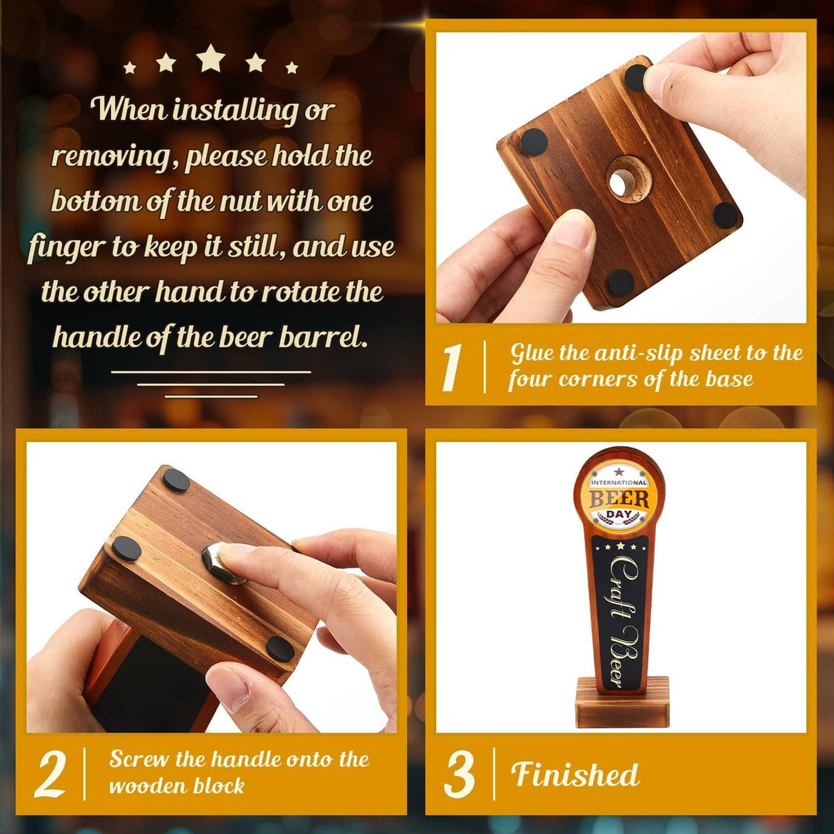 Pine wood beer tap handle display stand with anti-slip sheet and mounting hole