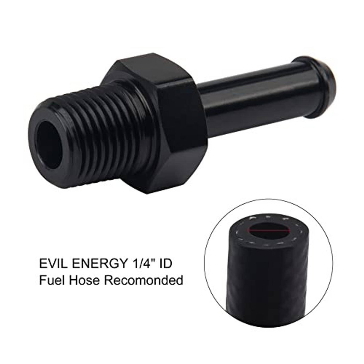 Straight black adapter fitting with 1/4" ID hose barb and male NPT threads