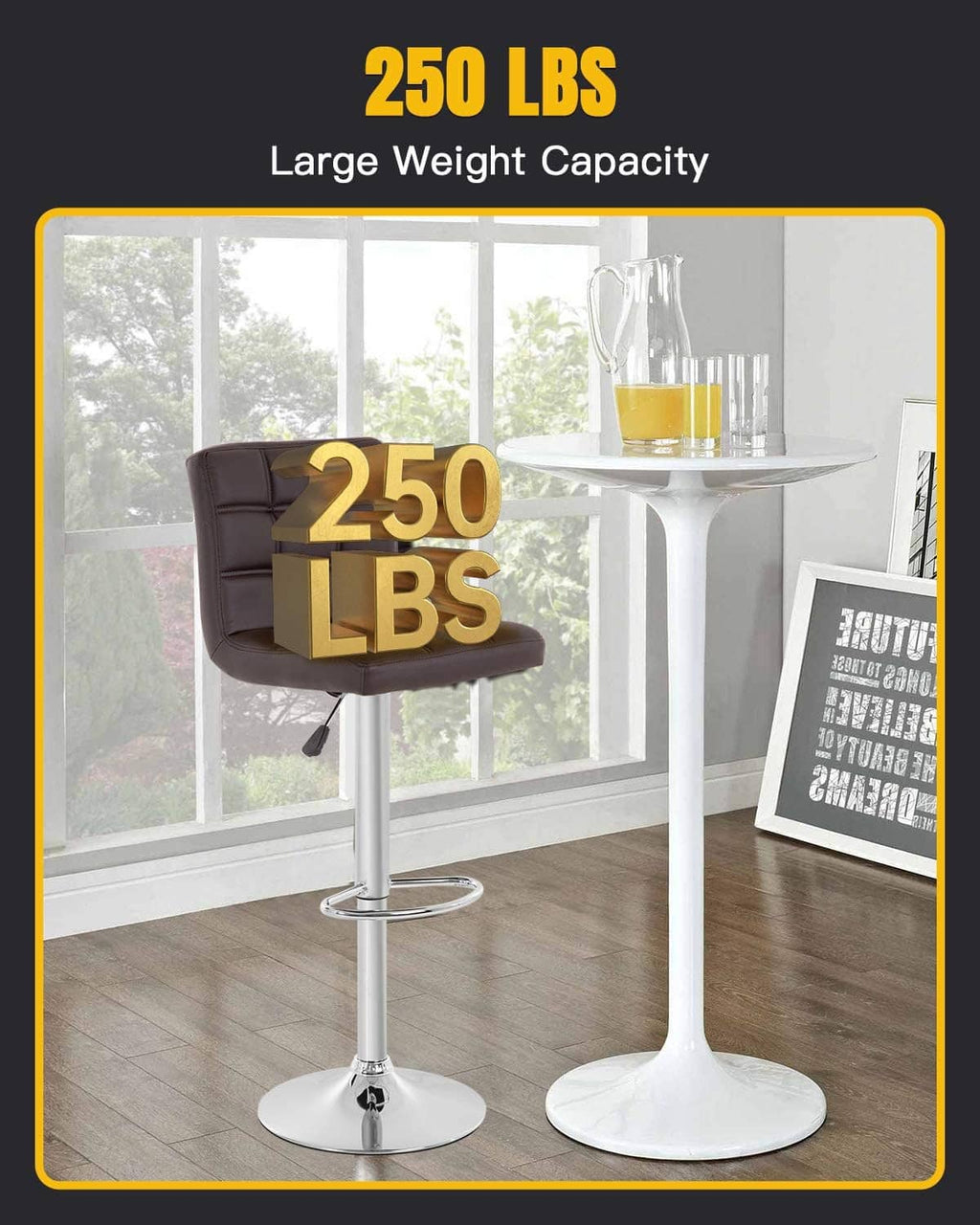 Counter-height bar stool set of 2 with dark brown padded seat and chrome base