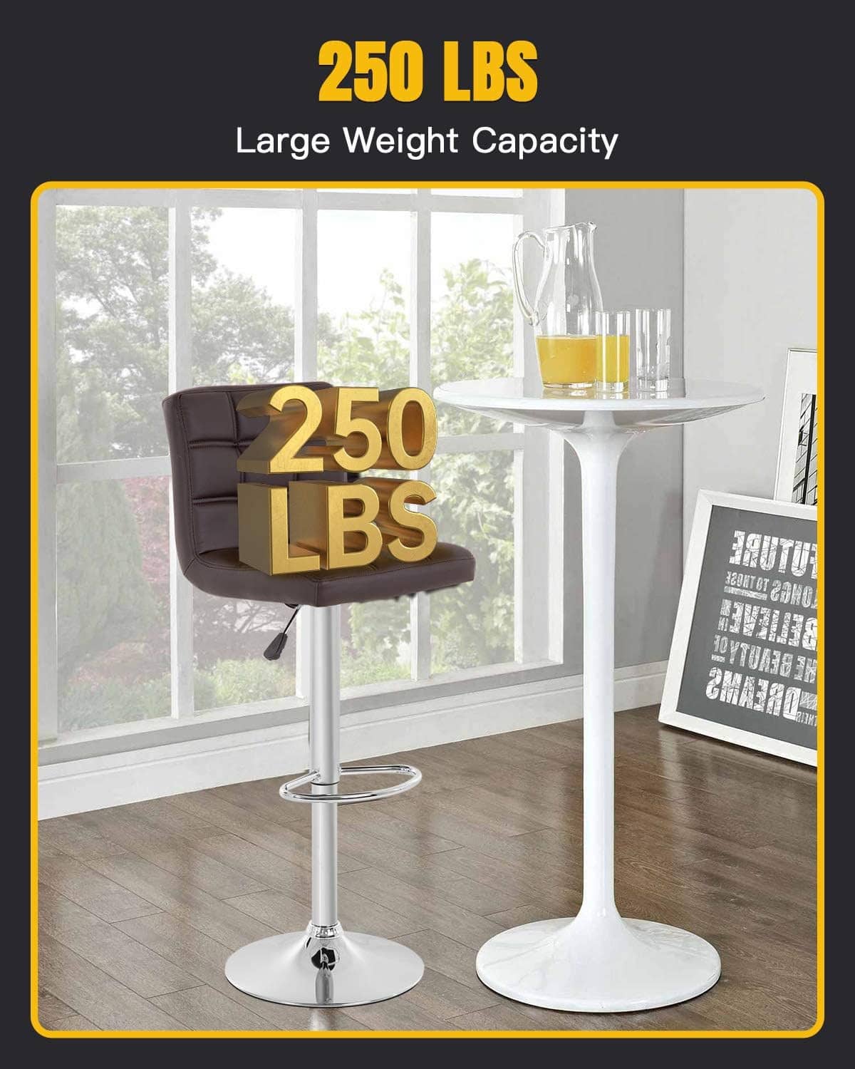 Counter-height bar stool set of 2 with dark brown padded seat and chrome base