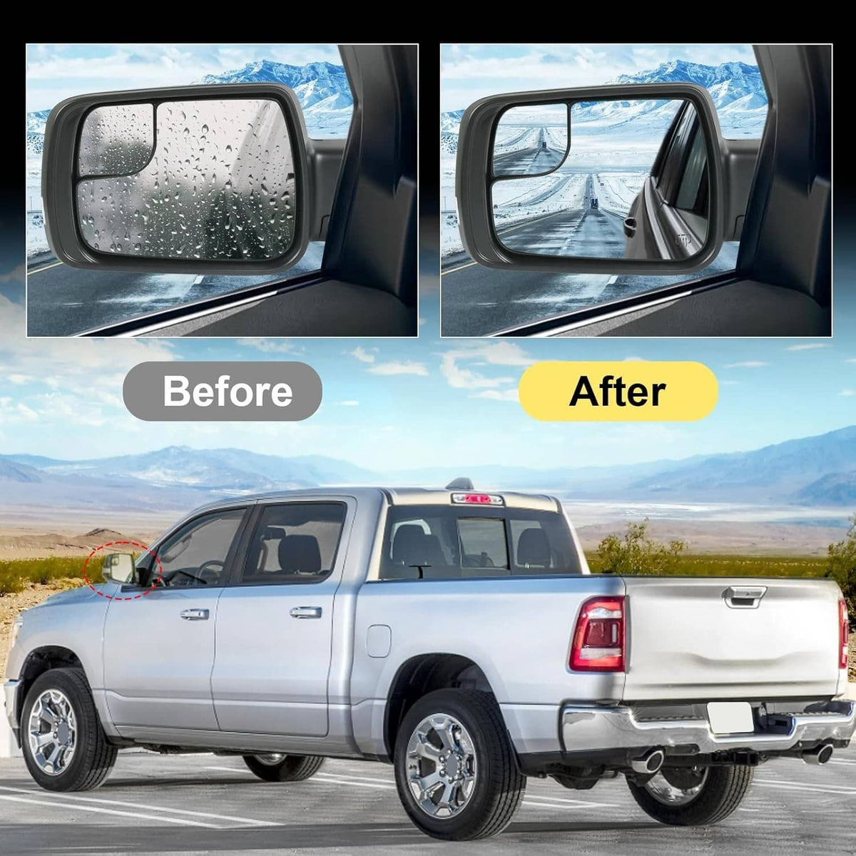 Black heated side mirror pair for Ram 1500, shown with clear glass and turn signal feature