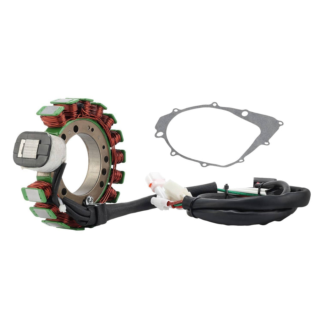 Stator and gasket set with coil ring, wiring harness, and engine cover gasket