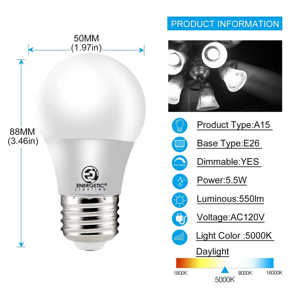 Energetic A15 LED bulb, E26 base; 5.5W, 5000K daylight; 50mm size