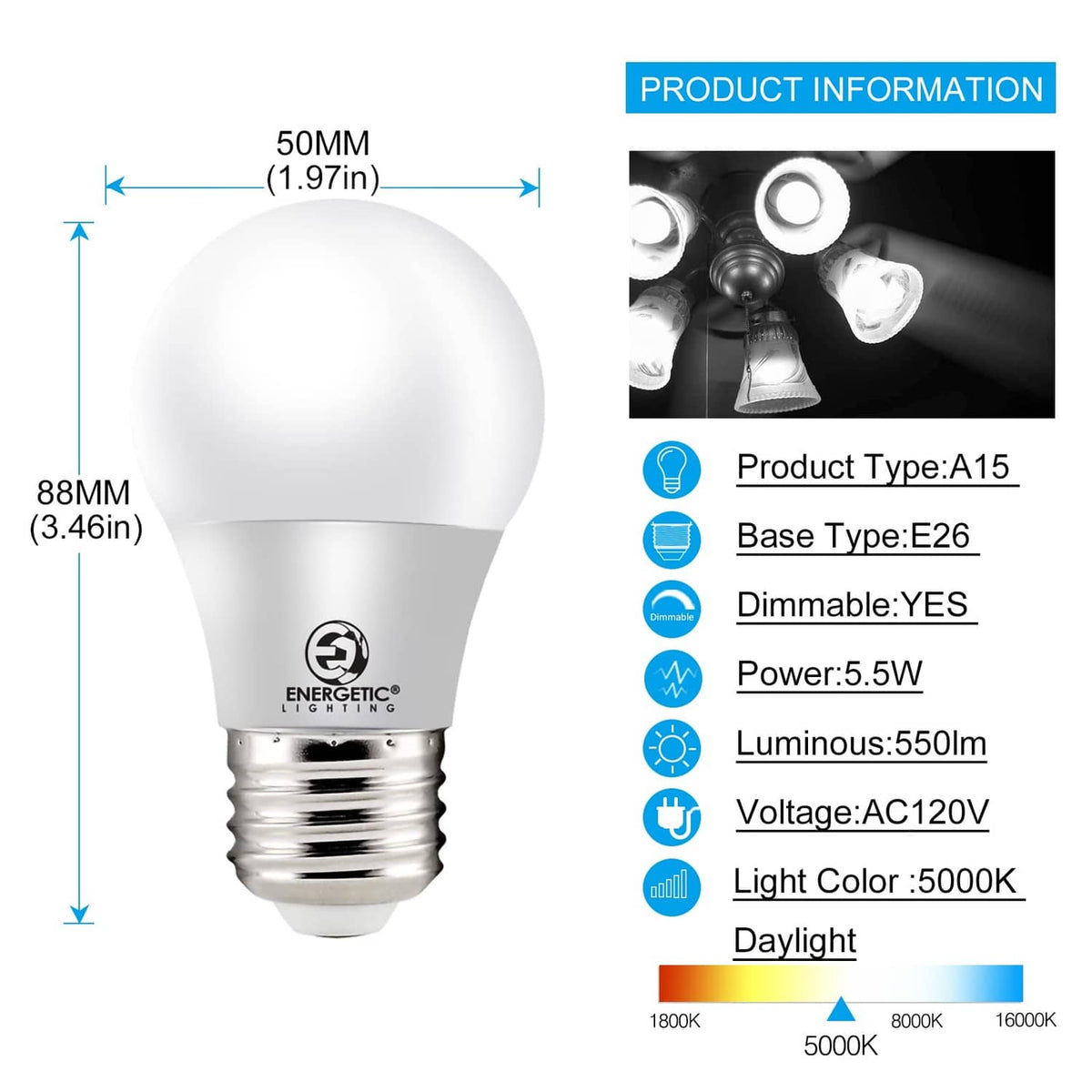 Energetic A15 LED bulb, E26 base; 5.5W, 5000K daylight; 50mm size