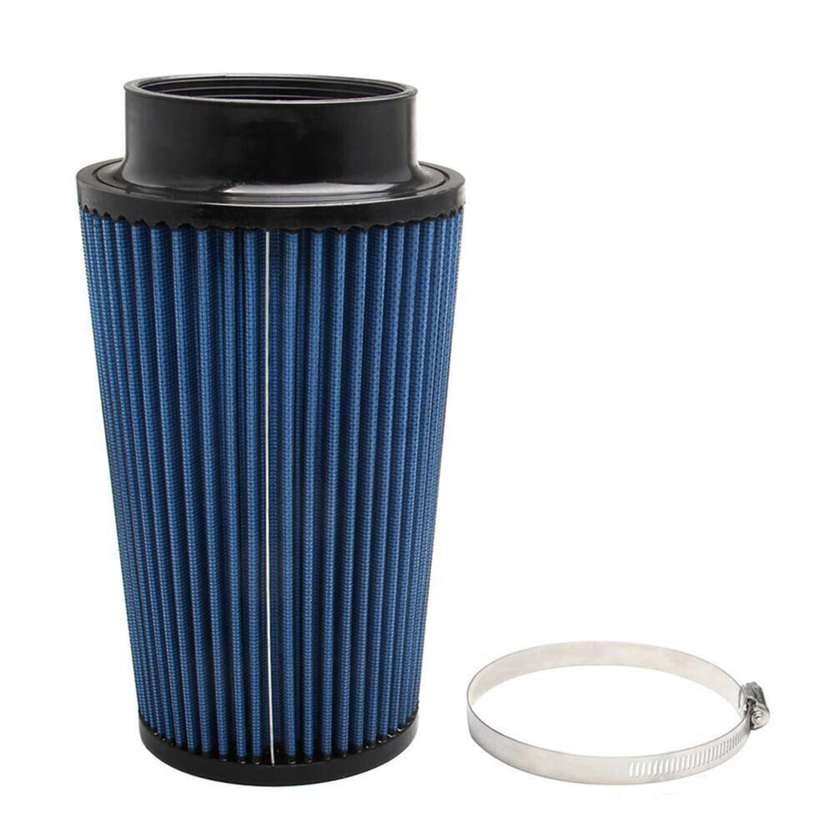Blue pleated air filter cartridge with black top and bottom and stainless clamp band