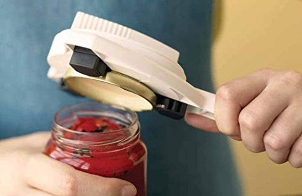 White jar and bottle opener lifting a lid from a glass jar