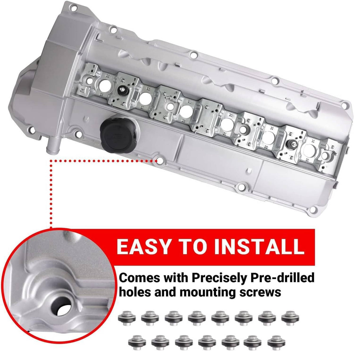 Aluminum valve cover with oil cap and pre-drilled mounting area, silver-gray
