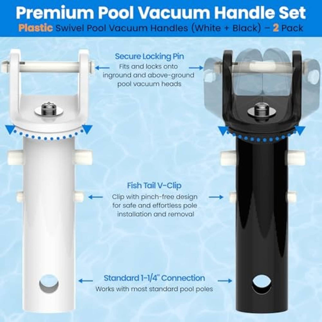 Pool vacuum handle set with locking pin and clip connectors, white and black