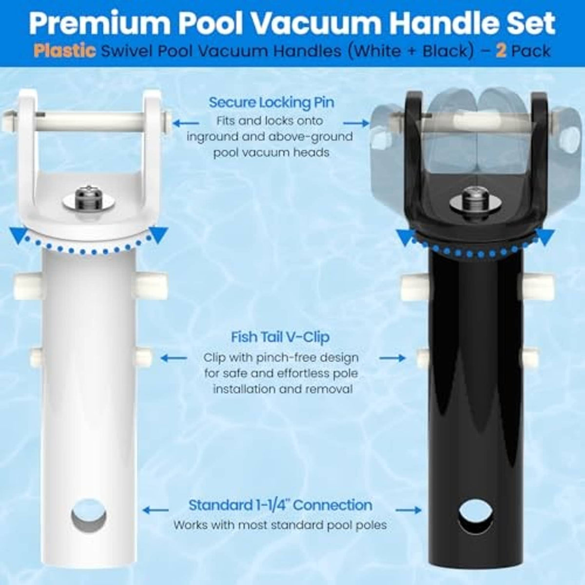 Pool vacuum handle set with locking pin and clip connectors, white and black