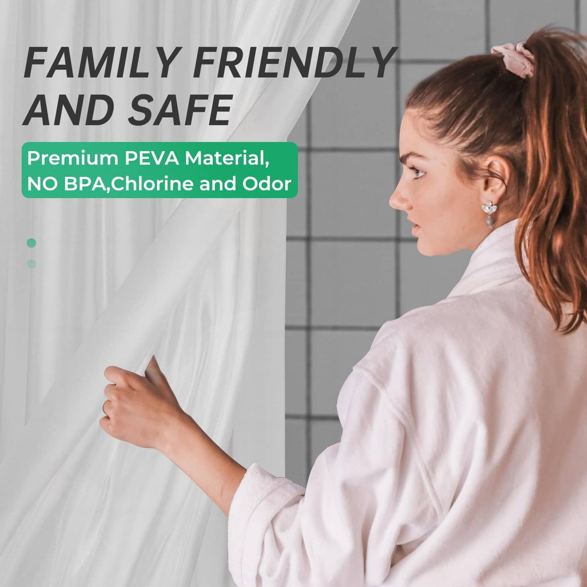 White frosted shower curtain liner with clear plastic texture and hanging drape