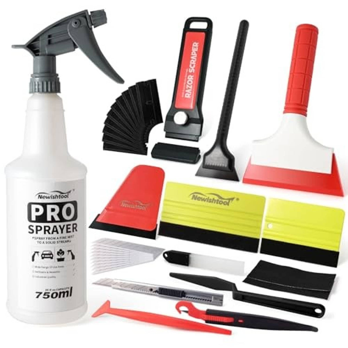 Car window tint kit contents: spray bottle, felt squeegee, scrapers and wrap tools