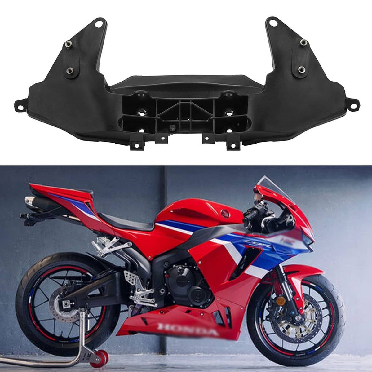 Black motorcycle headlight stay bracket shown beside a sport motorcycle