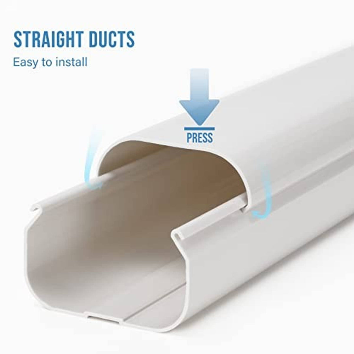 White straight duct cover cross-section with snap-press channel for mini split lines
