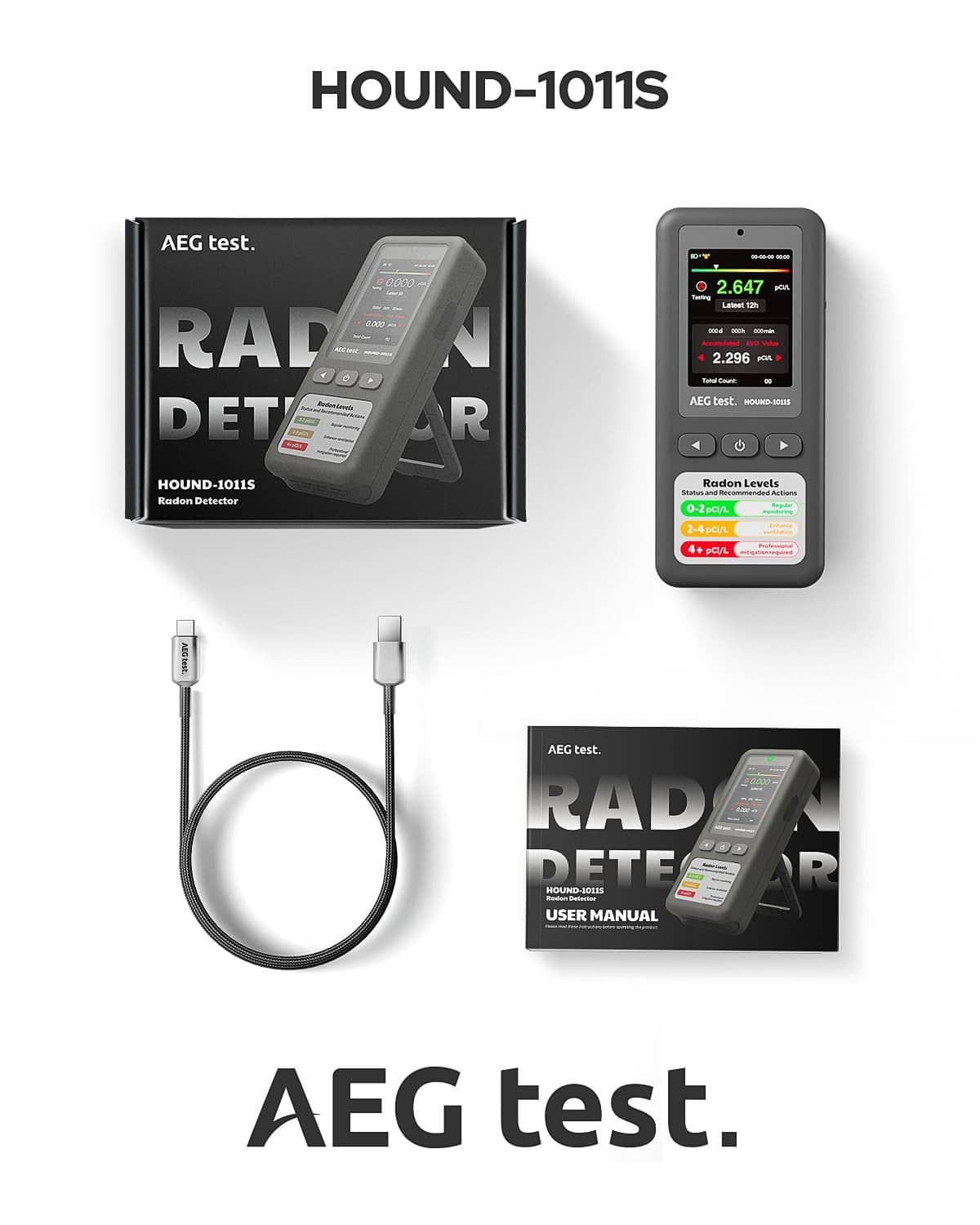 AEG test radon detector kit with grey handheld unit, box, and USB cables