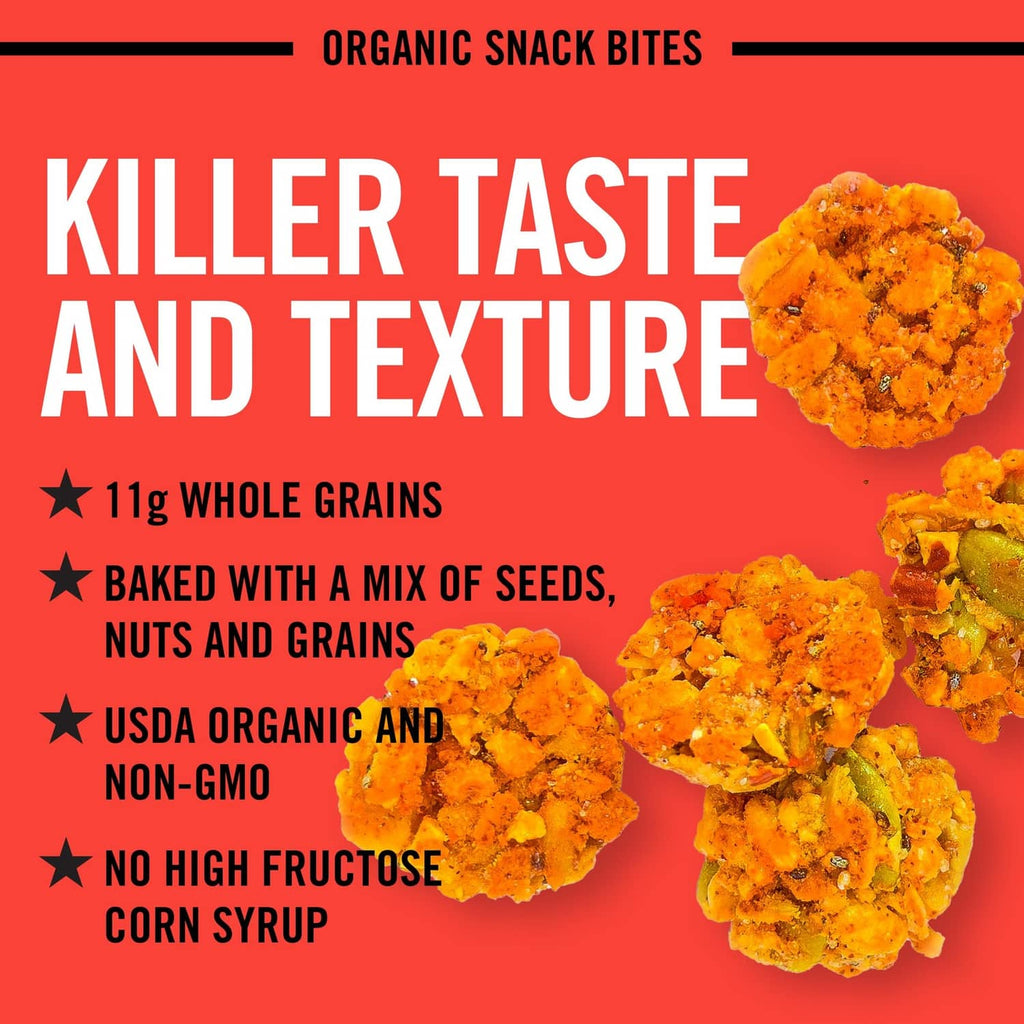 Killer taste and texture snack bites promotion with whole grains and organic icons