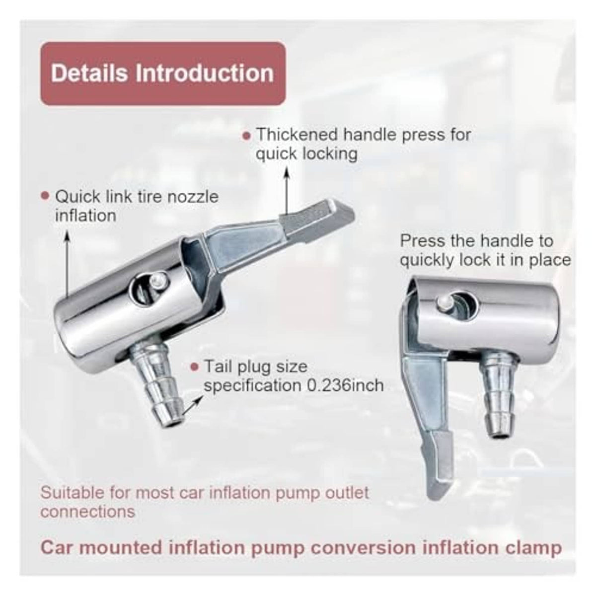 Metal tire nozzle inflator chuck with quick-lock handle and tail plug