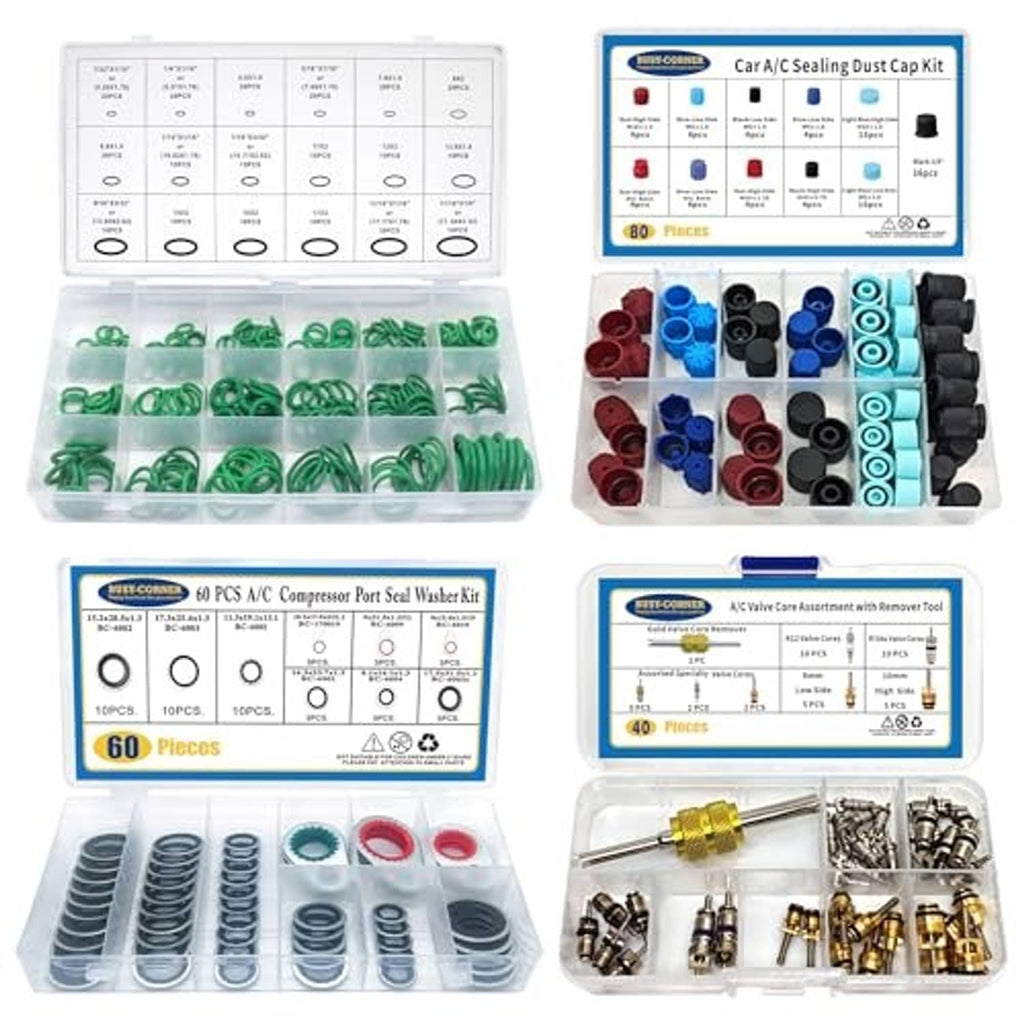 Car A/C sealing dust cap kit with assorted colored caps, O-rings, and valve core components
