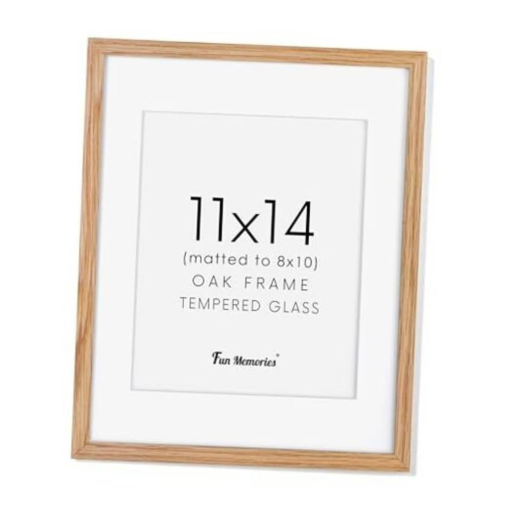 Oak wood 11x14 picture frame with white mat and tempered glass, front view