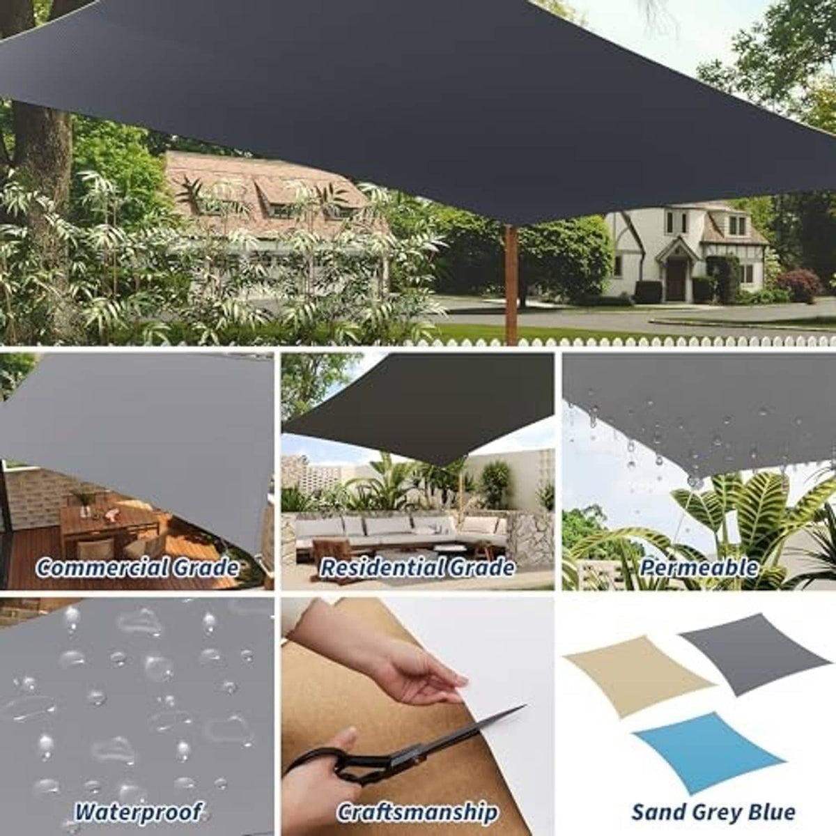 Dark grey rectangular shade sail fabric panel with corner seams and grommet points